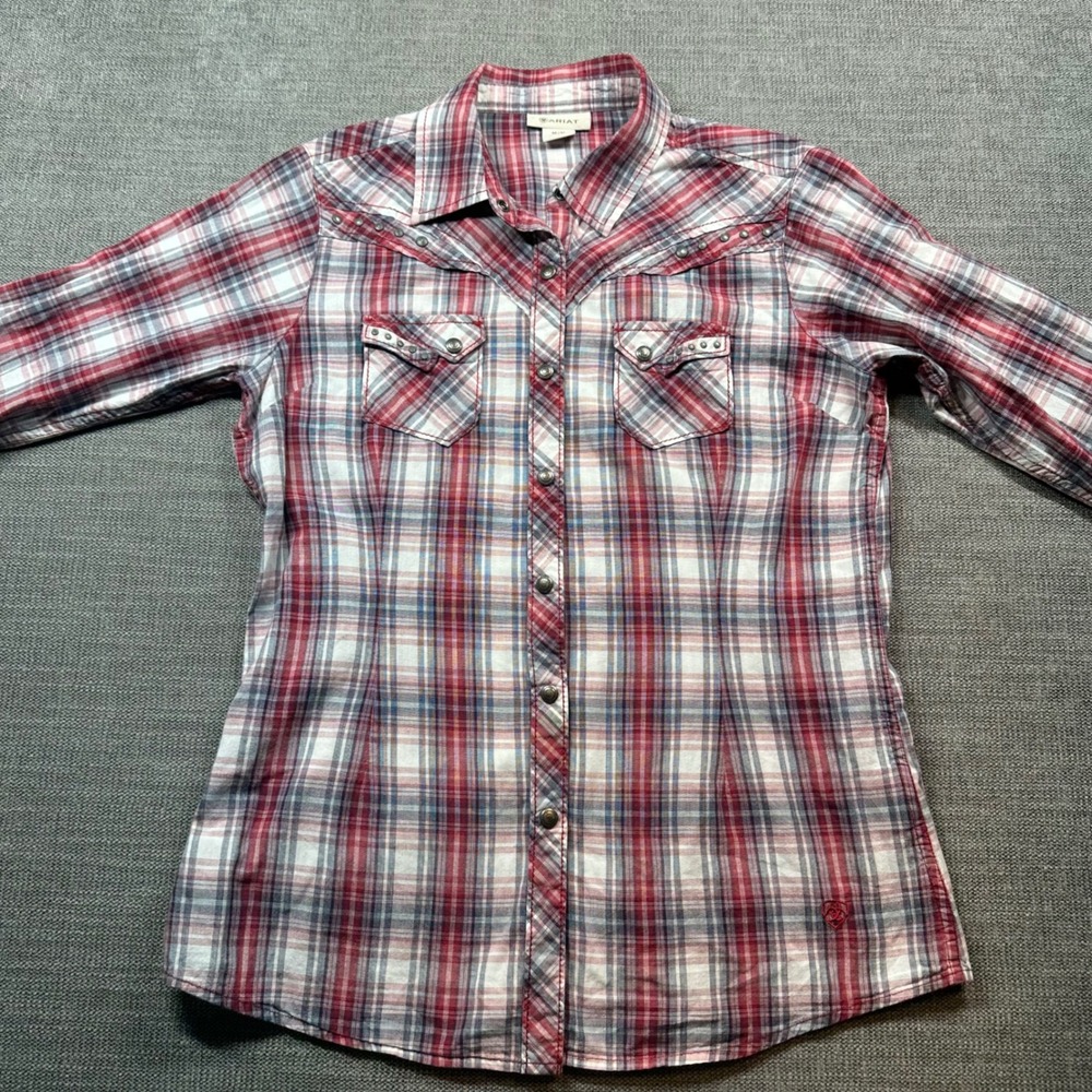Ariat Western Snap Shirt Womens Medium Red Plaid Studded  Long Sleeve Top